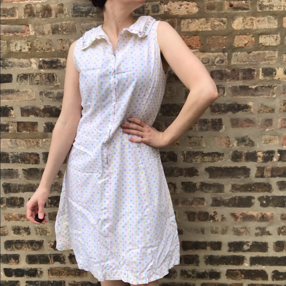 The most darling vintage 1960s pastel polka dot dress with embroidered collar